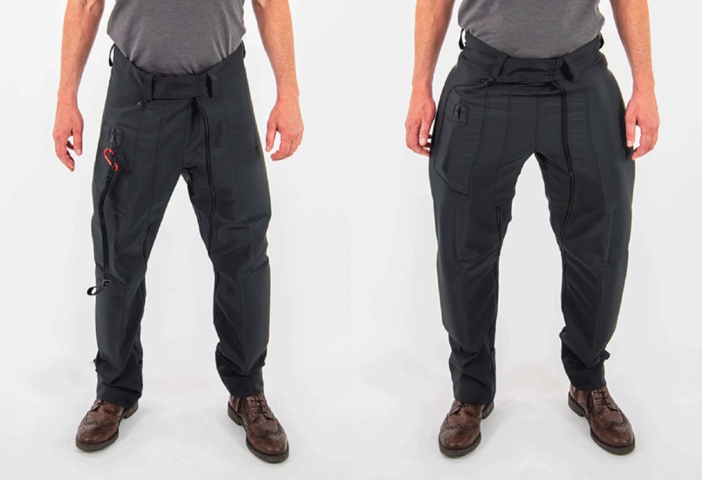 Uninflated (left) and inflated (right) CX Air Dynamics motorcycle airbag jeans