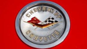 Pictured in this image is a bonnet ornament on a Chevrolet Corvette car