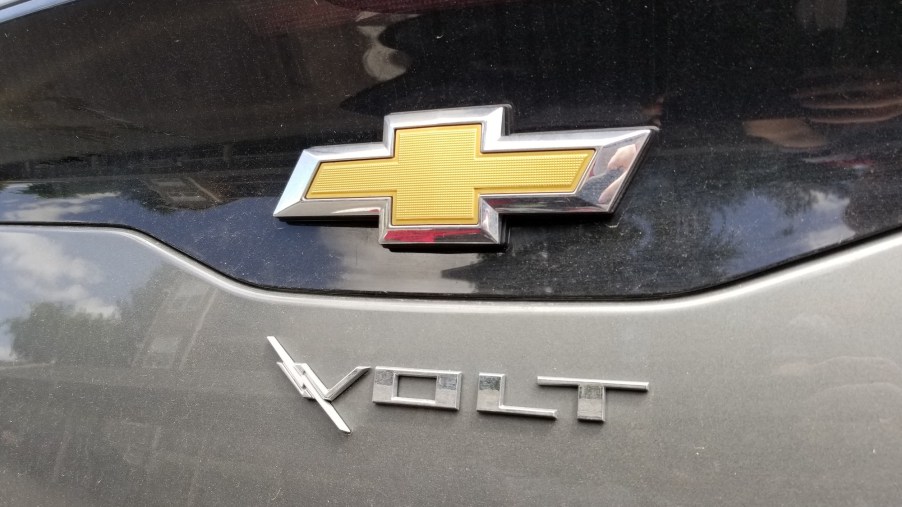 Close-up of logo on the back of a Chevrolet Volt electric car in the San Francisco Bay Area, Dublin, California