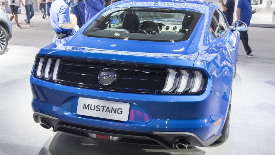 A Ford Mustang sports car is on display during the 18th Guangzhou International Automobile Exhibition at China Import and Export Fair Complex