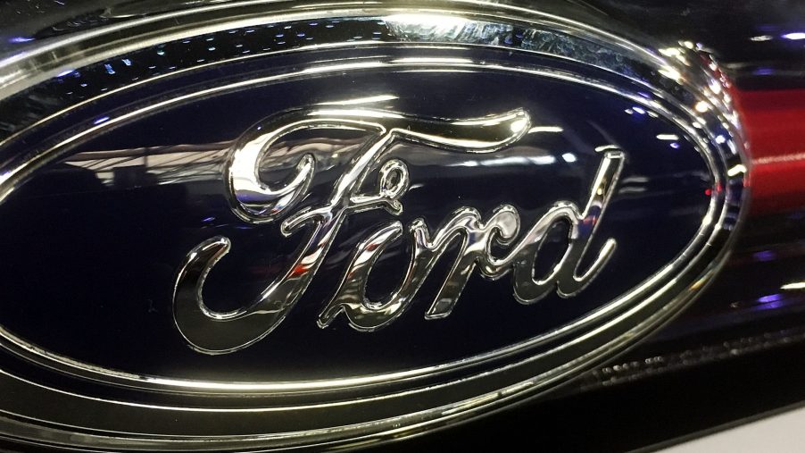 The Ford logo badge adorns a Ford car during the 2016 London Motor Show. The 2022 Ford Maverick is set to don the same badge next year