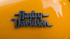 A logo of Harley-Davidson, seen on a bike from Christian Motorcyclists Association (CMA), parked in Dublin city center.