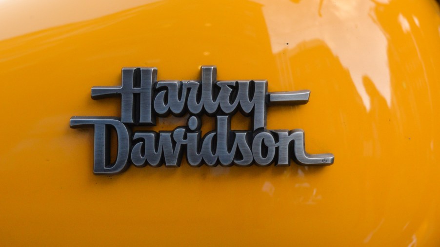 A logo of Harley-Davidson, seen on a bike from Christian Motorcyclists Association (CMA), parked in Dublin city center.