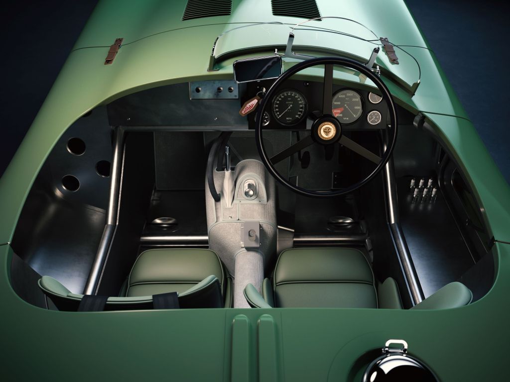The interior of a green Jaguar C-Type Continuation