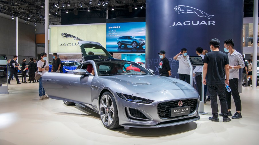 A Jaguar F-TYPE sports car is on display during the 18th Guangzhou International Automobile Exhibition