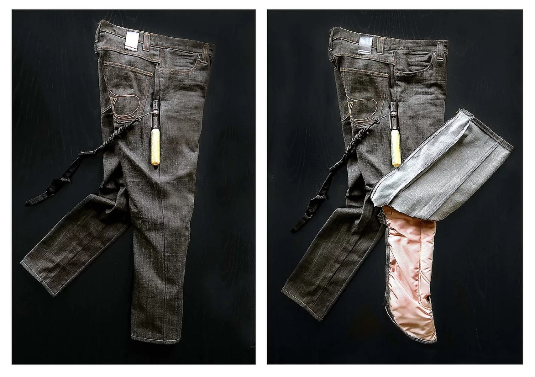 A pair of black Mo'cycle prototype motorcycle airbag jeans