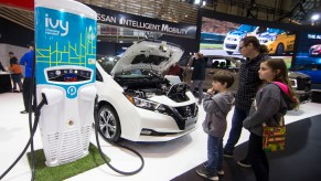 Visitors look at an electric Nissan Leaf Plus vehicle and its charging station during the 2020 Canadian International Autoshow