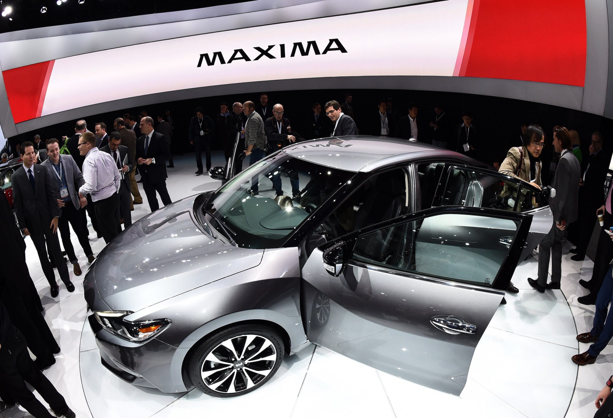 The 2016 Nissan Maxima Platinum is presented during the press preview of the 2015 New York International Auto Show at the Jacob Javits Center