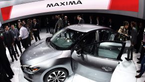 The 2016 Nissan Maxima Platinum is presented during the press preview of the 2015 New York International Auto Show at the Jacob Javits Center