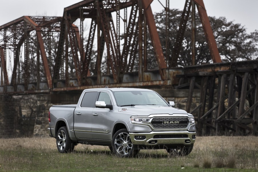 An image of a Ram 1500 parked outside on a field.