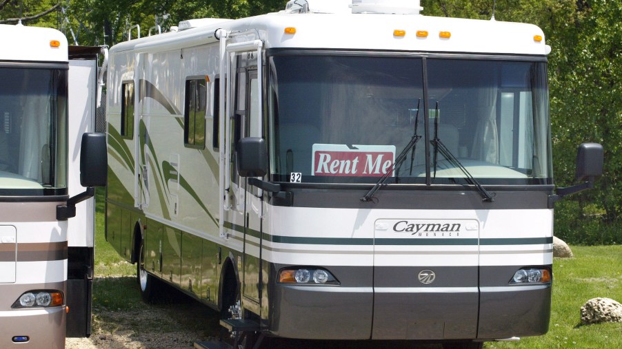 A Monaco Cayman recreational vehicle available for rent is seen at Abel RV Center May 23, 2003, in Bartlett, Illinois.