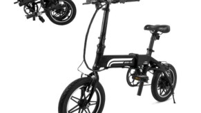 A folded and unfolded black Swagtron EB5 Pro Electric Bicycle