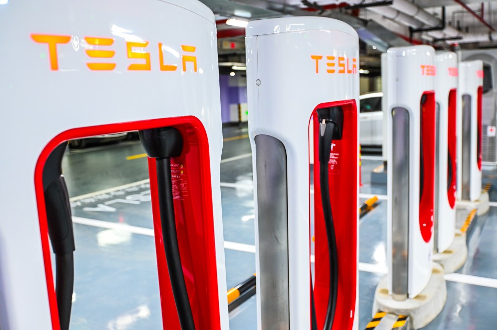 A view of the world's largest Tesla supercharger station with 72 stalls at the Jing'an International Center