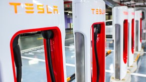 A view of the world's largest Tesla supercharger station with 72 stalls at the Jing'an International Center