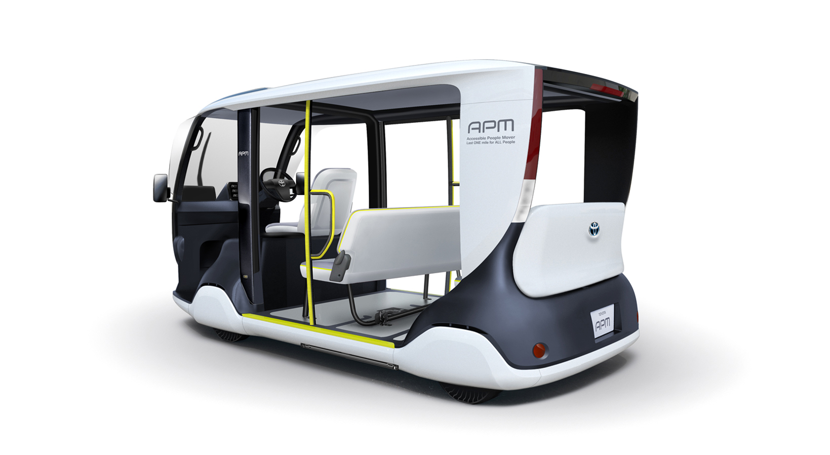 The black and white electric van called the Toyota APM, Accessible People Mover