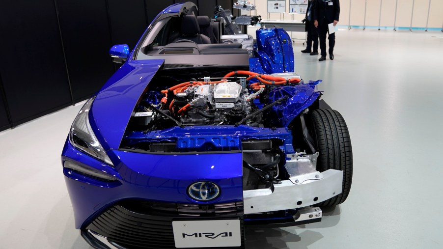 A cutaway model of the Toyota Motor Corp. Mirai fuel cell electric vehicle (FCEV) during a media event at the company's showroom