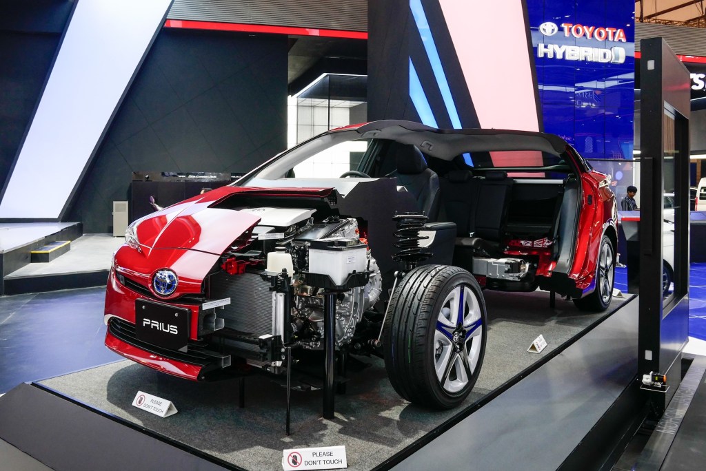Toyota Prius car is displayed during GAIKINDO Indonesia International Auto Show