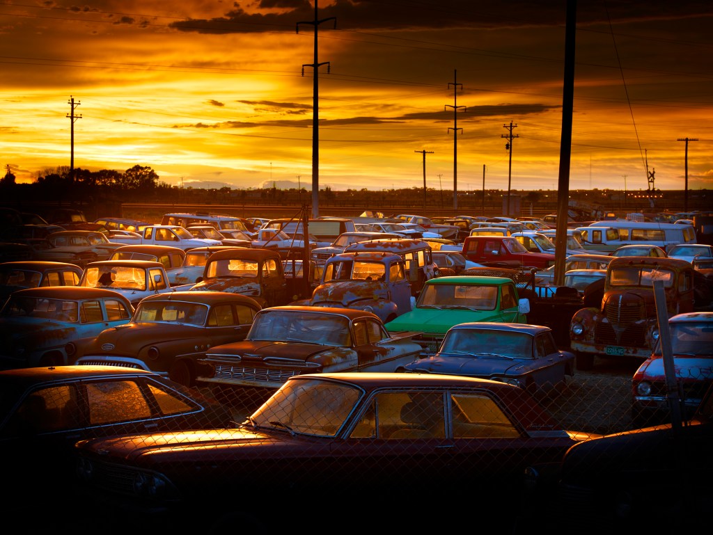 A car lot filled with abandoned cars