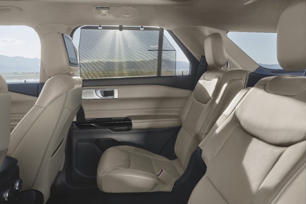 White, leather upholstered back seats of the 2021 Ford Explorer
