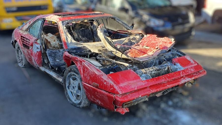 a stolen, wrecked, and rusted 1987 Ferrari Mondial found underwater after 26 years