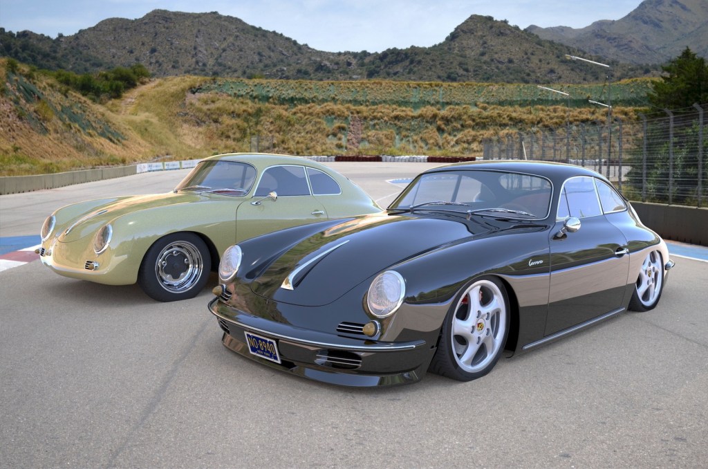 front 3/4 view of modern Porsche 356 with original behind it for comparison