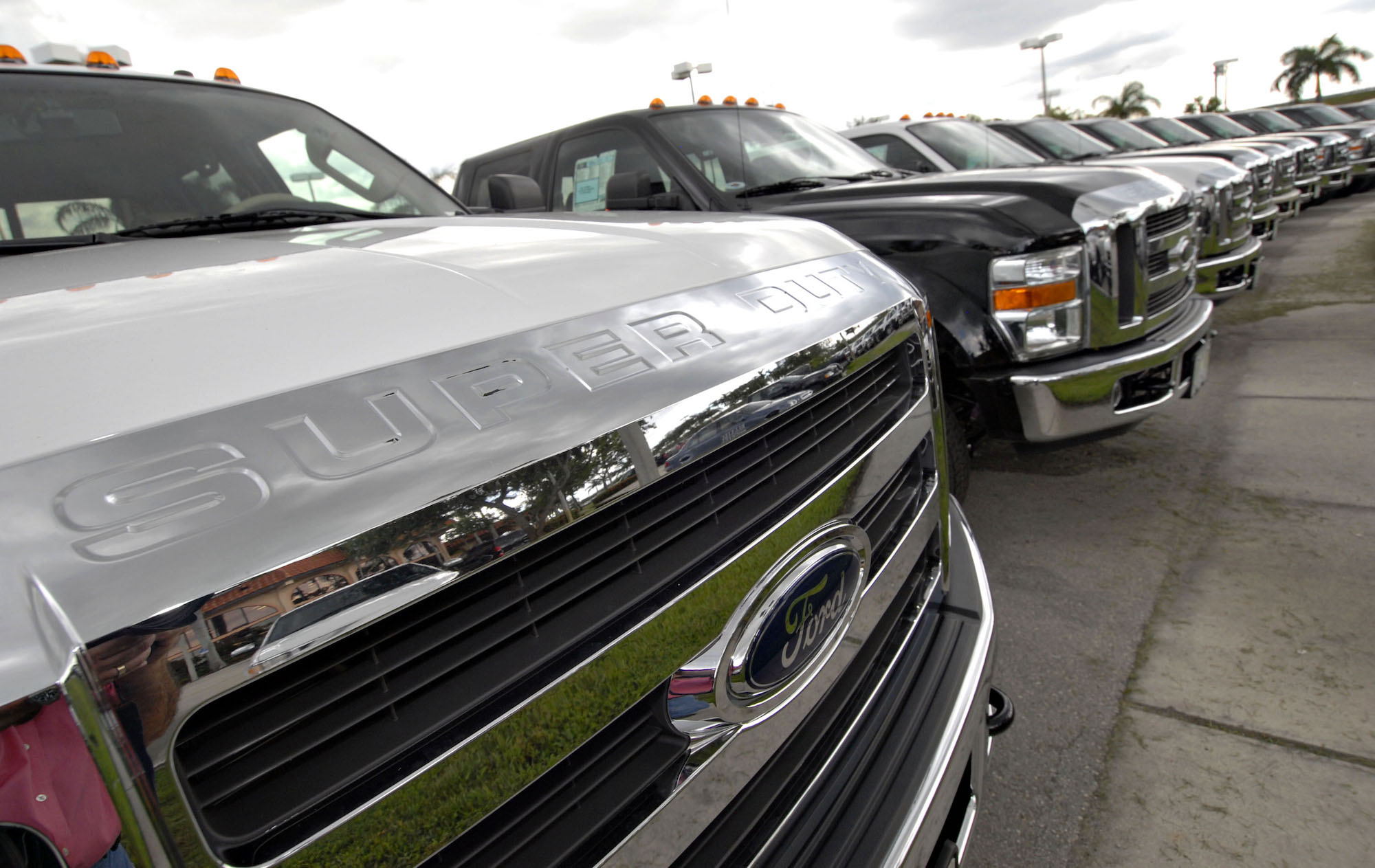 Ford Super Duty F-250 trucks sit on display at Sawgrass Ford in Sunrise, Florida, on Friday, July 20, 2007