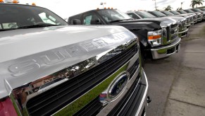 Ford Super Duty F-250 trucks sit on display at Sawgrass Ford in Sunrise, Florida, on Friday, July 20, 2007