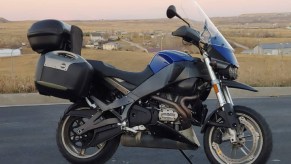 The side view of a blue 2008 Buell Ulysses XB12X