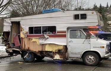 The tattered remnants of the rig the RV driver crashed in Seattle police chase