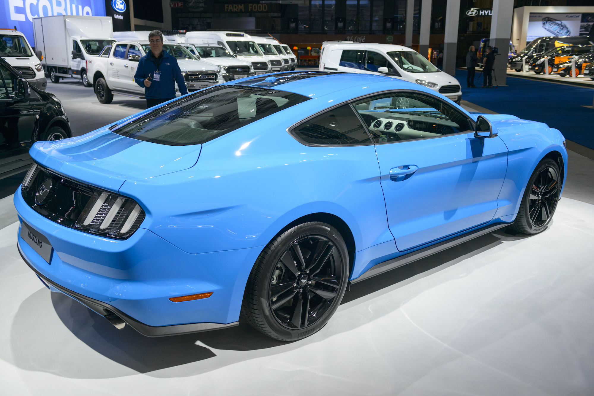 A blue 2017 Ford Mustang on display at Brussels Expo on January 9, 2017, in Brussels, Belgium.
