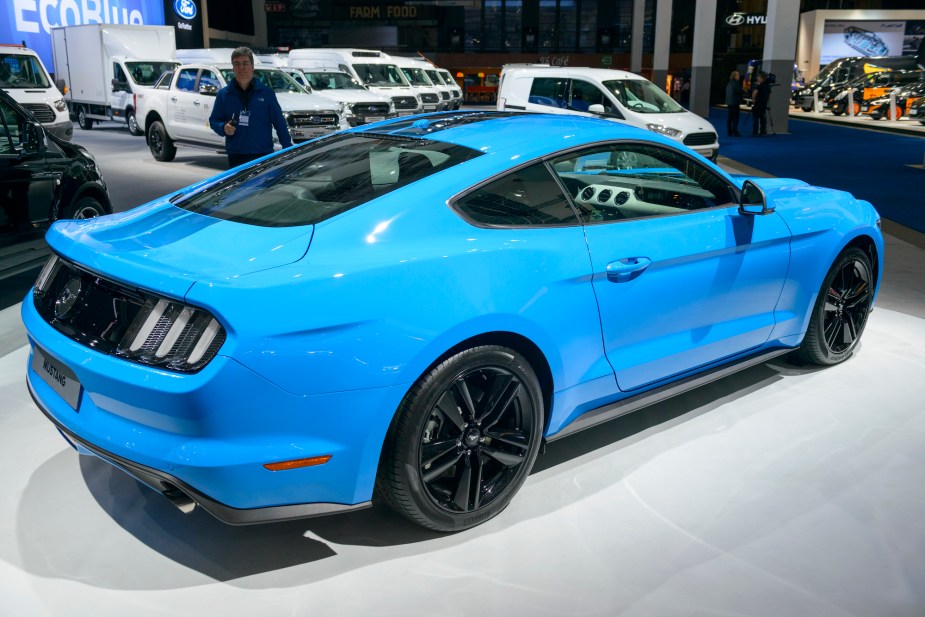 A blue 2017 Ford Mustang on display at Brussels Expo on January 9, 2017, in Brussels, Belgium.
