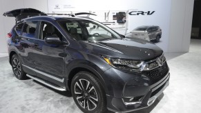 A dark-gray 2017 Honda CR-V compact SUV is displayed during the Los Angeles Auto Show at the Los Angeles Convention Center on November 19, 2016.
