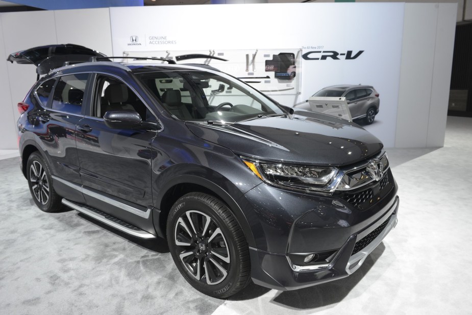 A dark-gray 2017 Honda CR-V compact SUV is displayed during the Los Angeles Auto Show at the Los Angeles Convention Center on November 19, 2016.