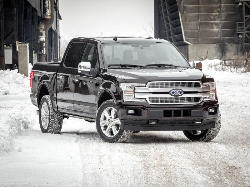 A 2018 Ford F-150 on a snow covered road 