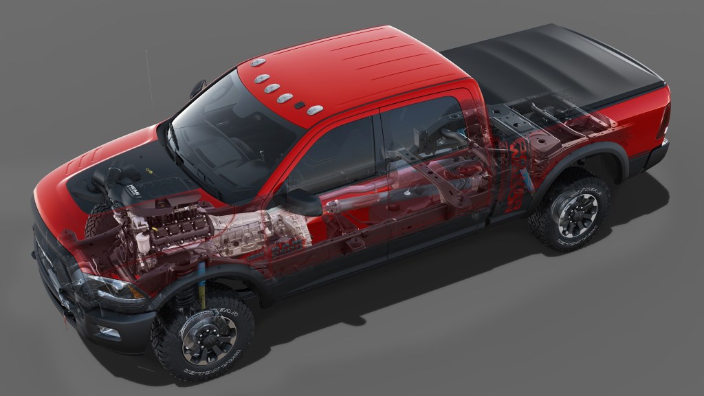 A transparent image of a red 2018 Ram 2500 so you can see its mechanical components