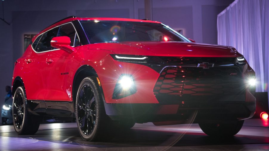 A red 2019-2021 Chevy Blazer on display during the SUV's reveal event