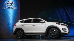 A white 2019 Hyundai Tucson compact SUV is unveiled at the New York International Auto Show onMarch 28, 2018, at the Jacob K. Javits Convention Center in New York City.