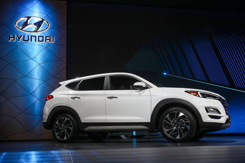 A white 2019 Hyundai Tucson compact SUV is unveiled at the New York International Auto Show onMarch 28, 2018, at the Jacob K. Javits Convention Center in New York City.