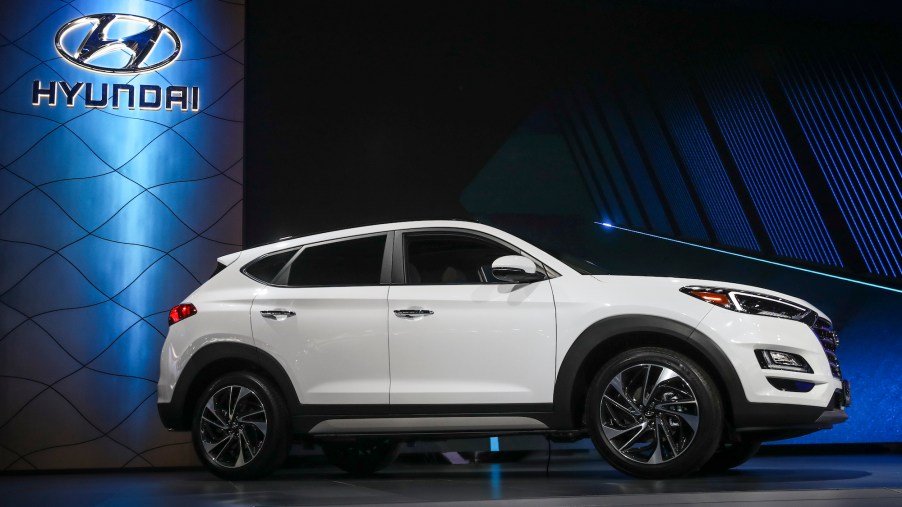 A white 2019 Hyundai Tucson compact SUV is unveiled at the New York International Auto Show onMarch 28, 2018, at the Jacob K. Javits Convention Center in New York City.