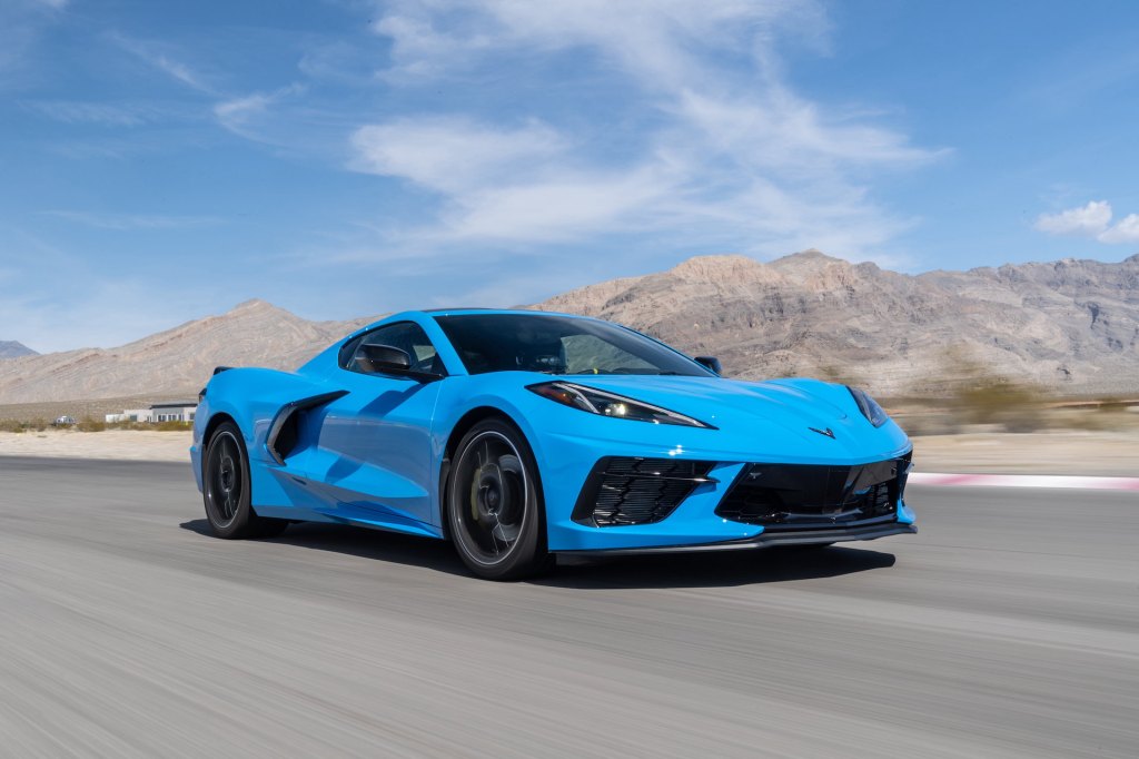 An image of a blue 2020 Chevrolet Corvette out on track.