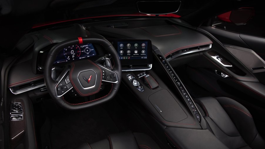 A 2020 Chevy Corvette Stingray's black cockpit