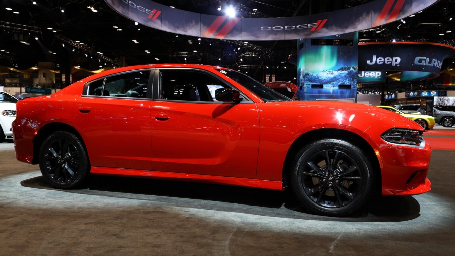 A red 2020 Dodge Charger on display at the 112th-annual Chicago Auto Show at McCormick Place in Chicago, Illinois, on February 7, 2020.