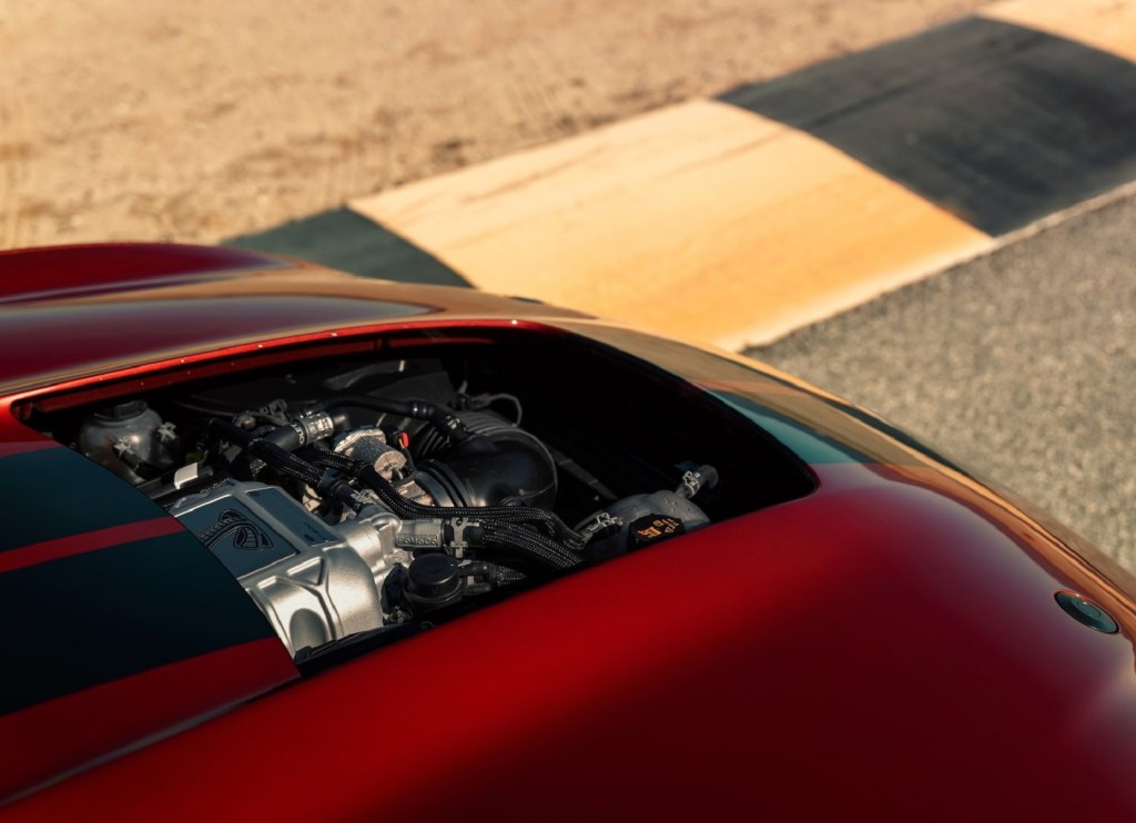 The view of a red 2020 Ford Mustang Shelby GT500's engine bay