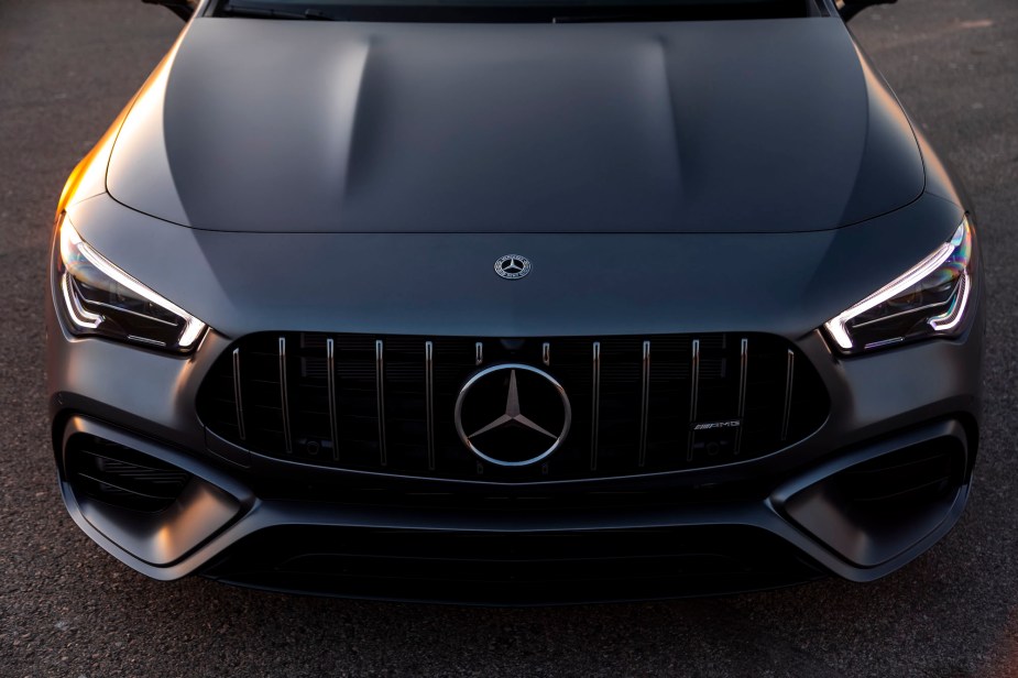 The grille and hood of a silver 2020 Mercedes-AMG CLA 45 compact luxury sedan