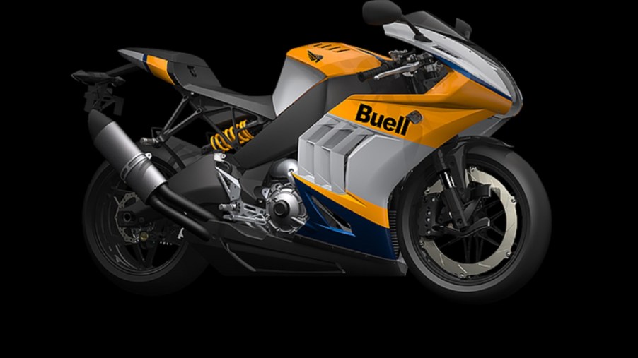 A silver-and-yellow 2021 Buell Motorcycles 1190RX Hammerhead