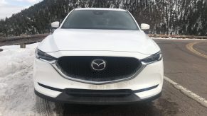 front shot of the 2021 Mazda CX-5 on a mountain road