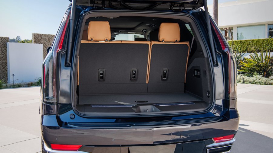 Cargo space behind the third row of a 2021 Cadillac Escalade full-size SUV