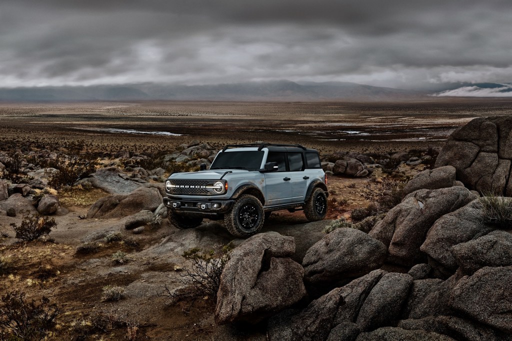 A gray 2021 Ford Bronco Badlands with Sasquatch Package in a desert rock field