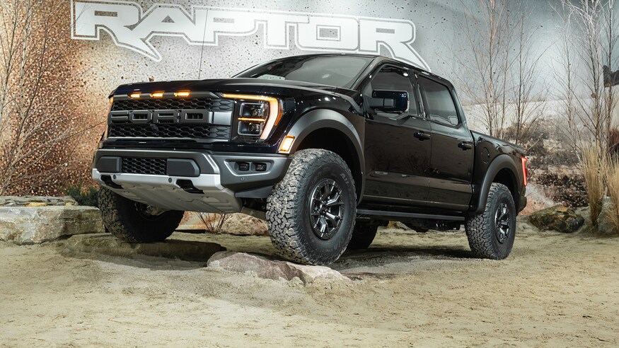 The 2021 Ford Raptor parked on rocks for display