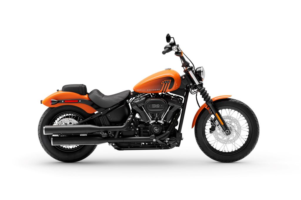 The side view of an orange 2021 Harley-Davidson Street Bob 114